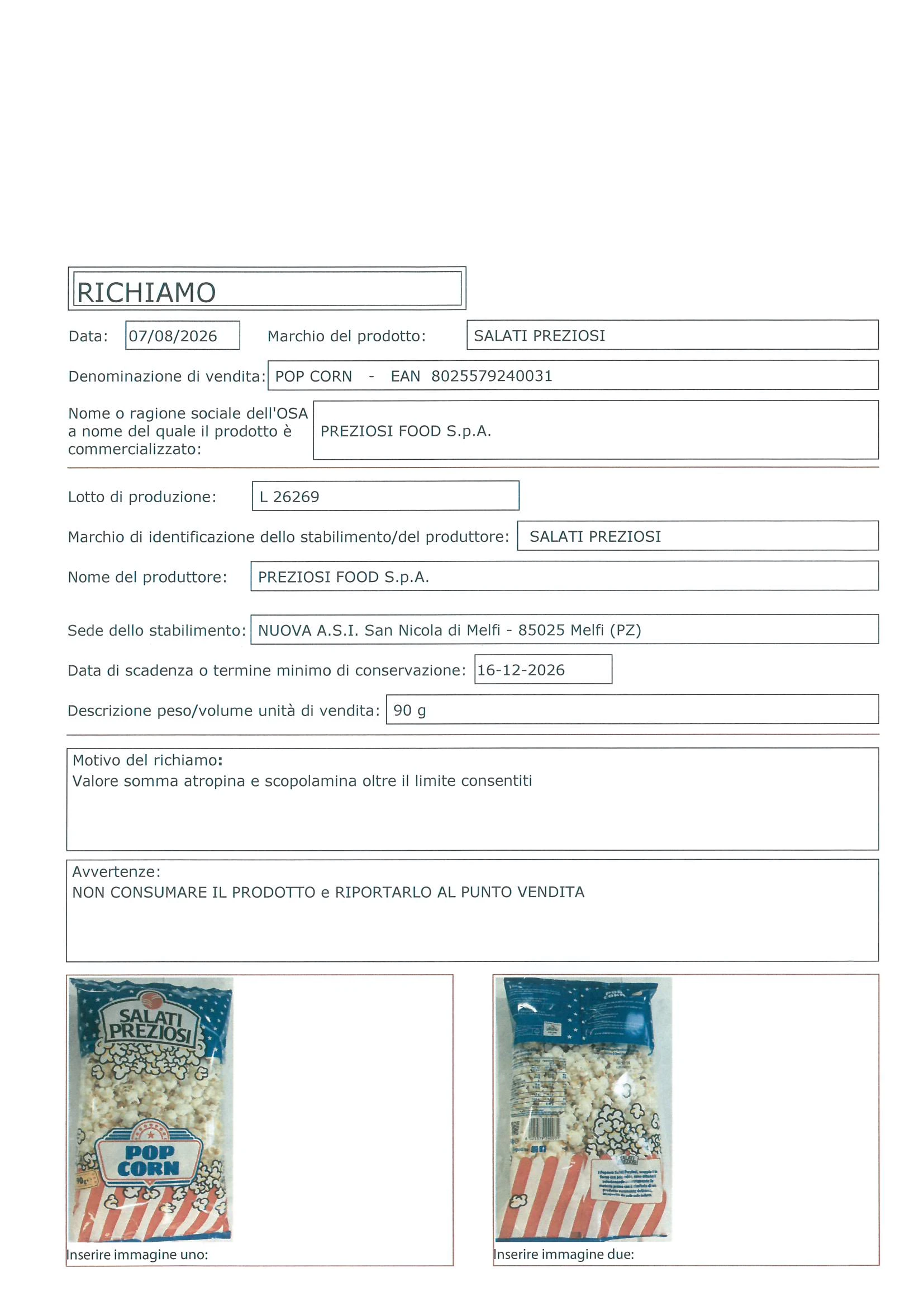 POP CORN - EAN 8025579240031