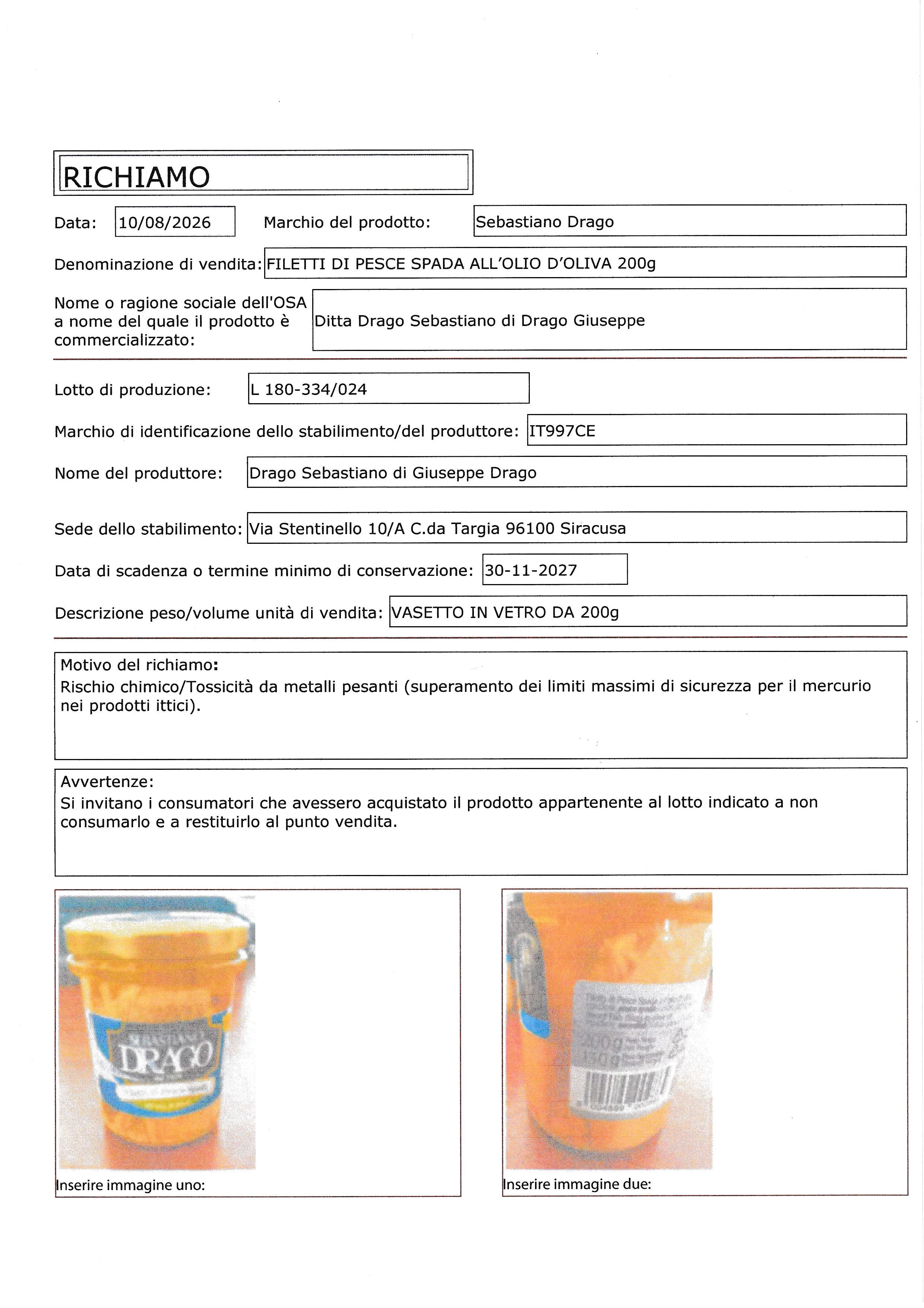 FILETTI DI PESCE SPADA ALL'OLIO D'OLIVA 200g