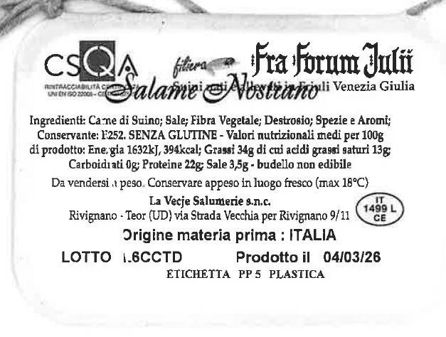 Foto Salame nostrano La Vecje Salumerie Snc richiamato