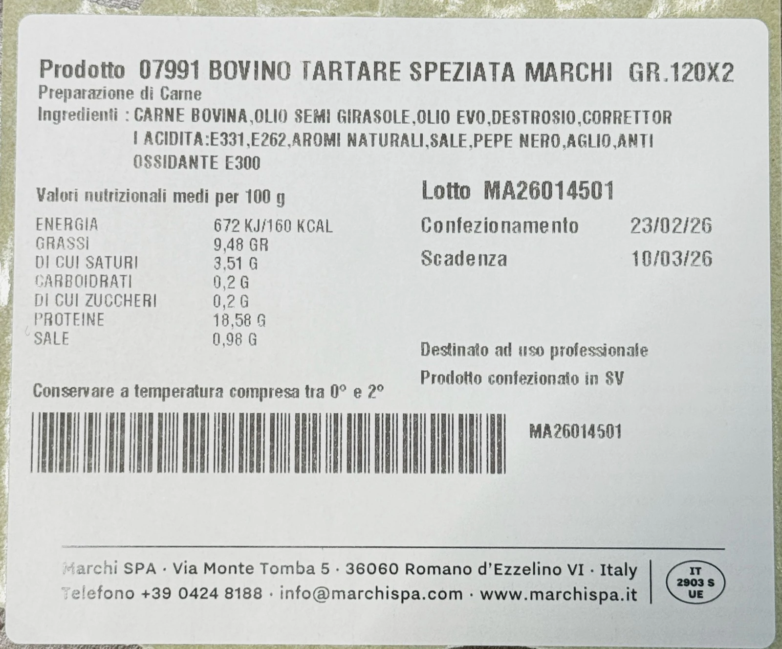 Foto Bovino tartare speziata marchi gr.120x2 Marchi richiamato