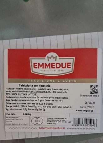 Foto Salsicciotta con finocchio – COD 5 Salumi Emmedue Srl richiamato