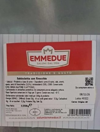 Foto Salsicciotta con finocchio – COD 442 Salumi Emmedue Srl richiamato