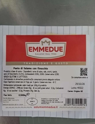 Foto Pasta di Salame con finocchio – COD 497 Salumi Emmedue Srl richiamato