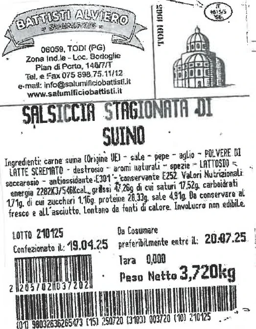 Foto Salsiccia stagionata di suino Salumificio Battisti Alviero E Figli Srl richiamato