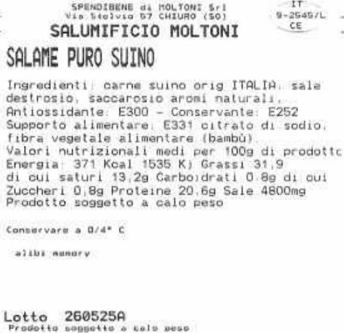 Foto Salame puro suino Salumificio Moltoni richiamato