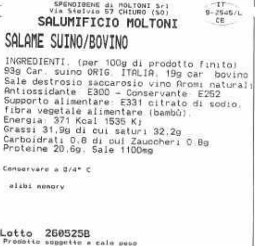 Foto Salame suino suino bovino Salumificio Moltoni richiamato
