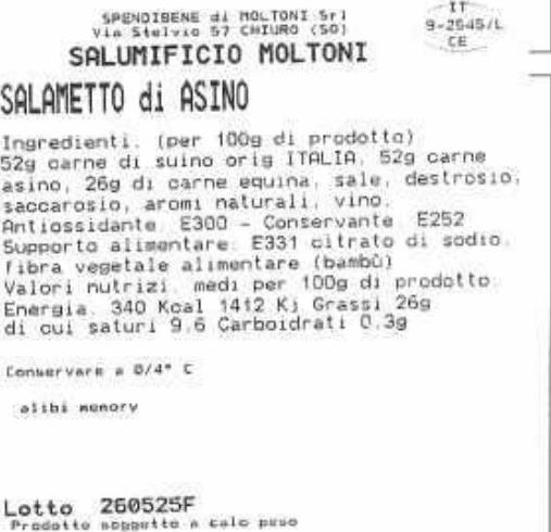 Foto Salametto di asino Salumificio Moltoni richiamato