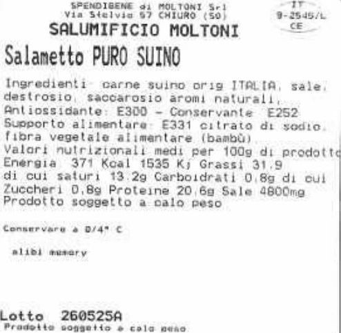 Foto Salametto puro suino Salumificio Moltoni richiamato