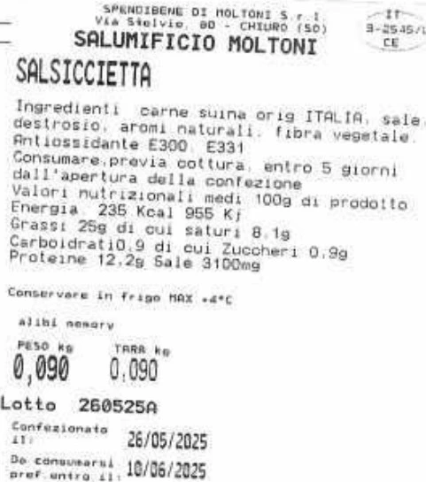 Foto Salsiccetta Salumificio Moltoni richiamato