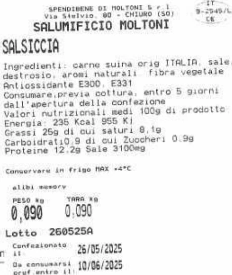 Foto Salsiccia Salumificio Moltoni richiamato