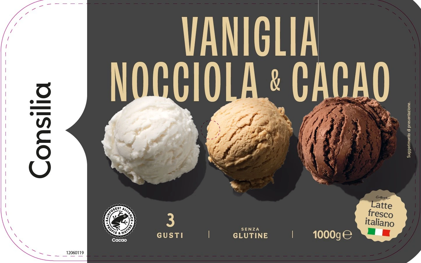 Foto Vaschetta Vaniglia Nocciola Cacao 1000g Consilia richiamato