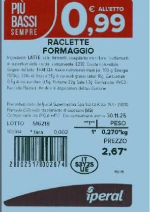 Foto Formaggio raclette Iperal Supermercati Spa richiamato